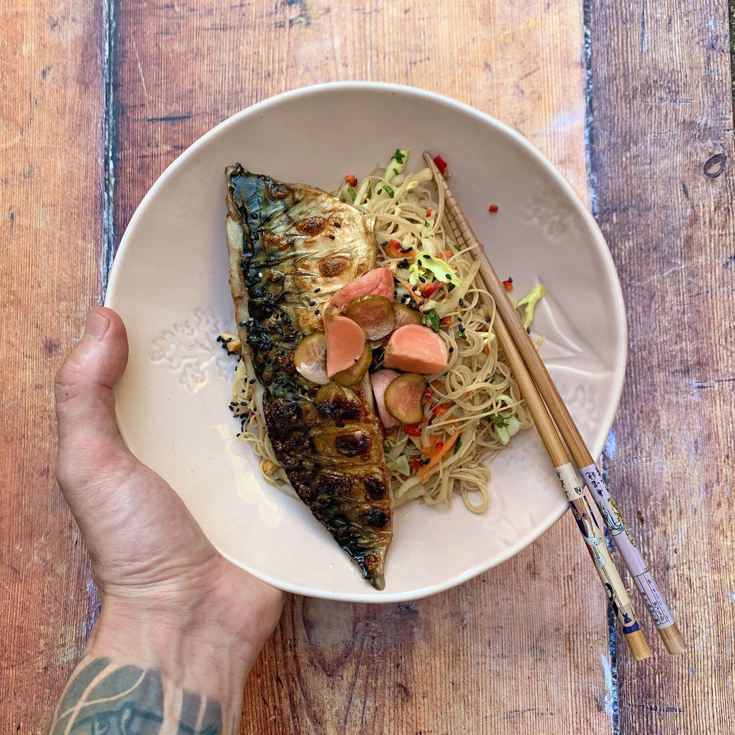 Honest Foods London - Barbecue sweet soy mackerel with brown rice noodles